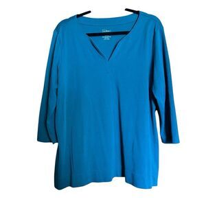 LL Bean Top Womens 2X Green Supima Cotton Split Neck Blouse